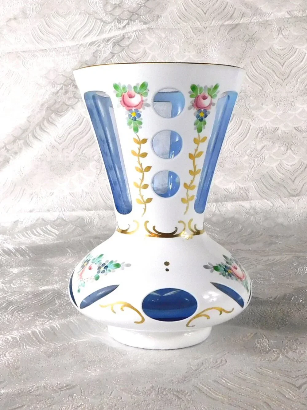 White over Blue Glass Cut to Clear Vase # 27379